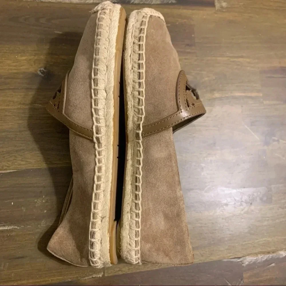 Tory Burch Sydney Espadrilles Flats Slip On Suede Leather Large Logo Olive Green